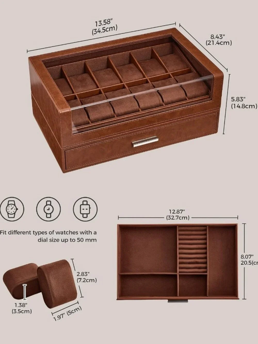 12-Slot Men's Watch Display Box - Elegant Brown Storage Case for Watches